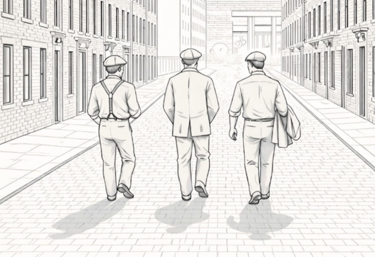 Illustration of three men in flat caps walking down an east London street