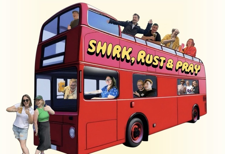 An open top bus with people celebrating on it