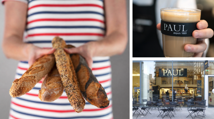 A montage of PAUL serving baguettes and coffees