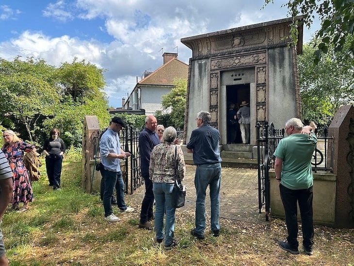 A group of Londonist time machine readers outside the Kilmorey mausoleum