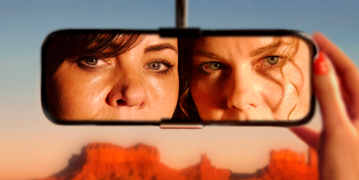 September 2026 things to do in London: a photograph showing two women's faces reflected in a car mirror, with a desert scene visible through the windscreen
