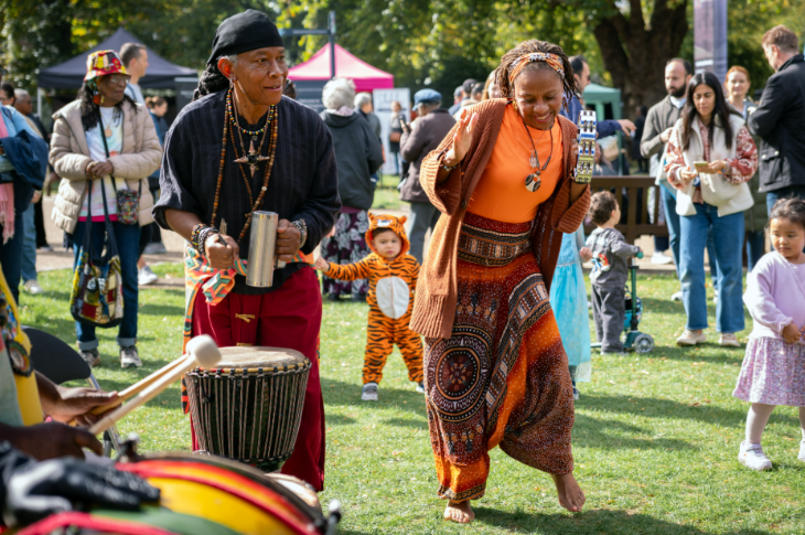 Things to do in London this weekend: two people dancing in the open air, while somebody drums nearby