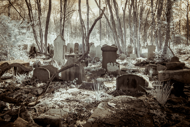A sepia-toned, infrared photograph of a crowded, overgrown cemetery in a dense forest, featuring weathered and leaning tombstones among bare trees and tangled branches.
