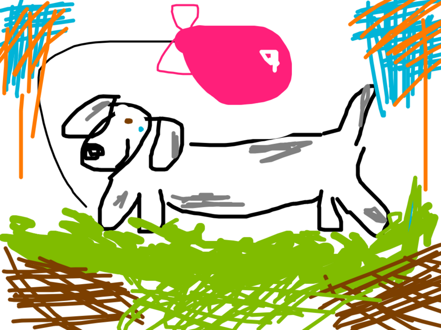 Picture of a dog with a pink balloon