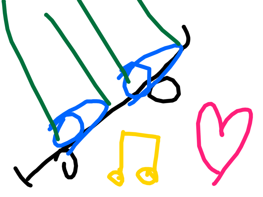 A doodle featuring a skateboard and music notes