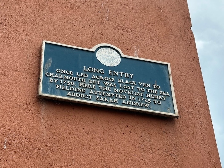 Plaque for Long Entry in Lyme Regis detailing Henry Fielding's abduction of his lover