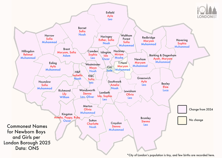 A graphic showing the commonest baby names in each london borough