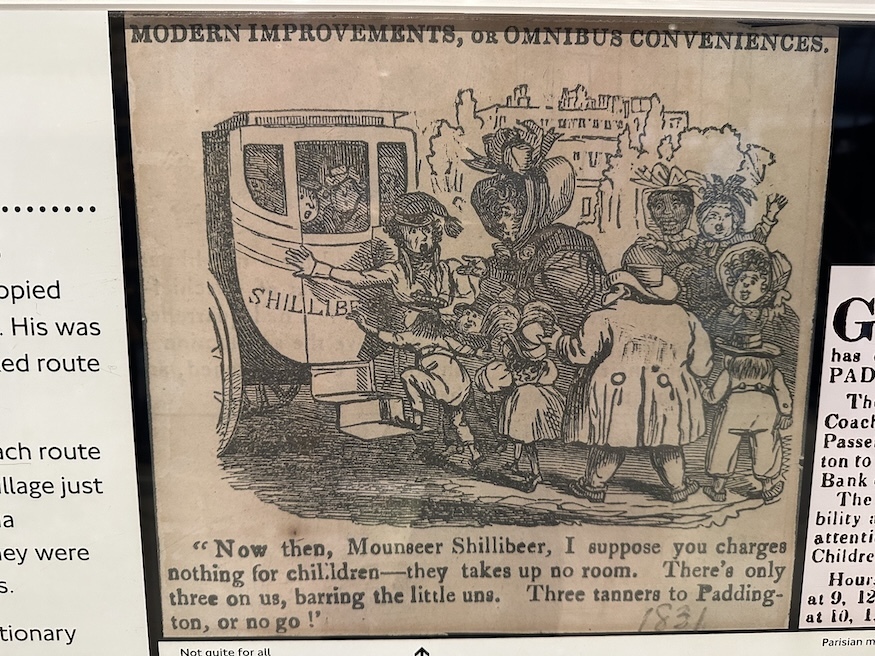 A cartoon of a family attempting to board a bus in 1831
