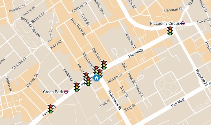 Map showing the first electric traffic lights in london