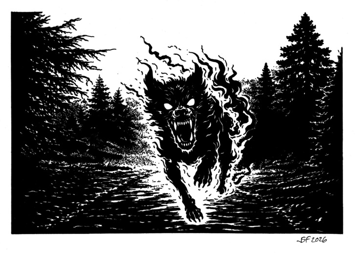 A woodcut of a phantom hound