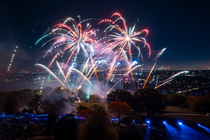Fireworks Bonfire Night 2026 displays London: fireworks at Alexandra Palace, with the London skyline in the background