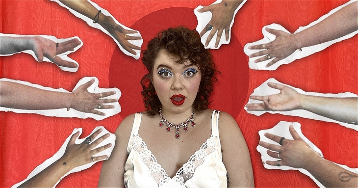 A young woman surrounded by hands