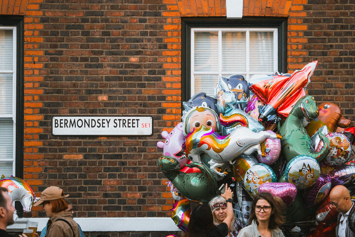 A bunch of foil balloons on Bermondsey Streetr