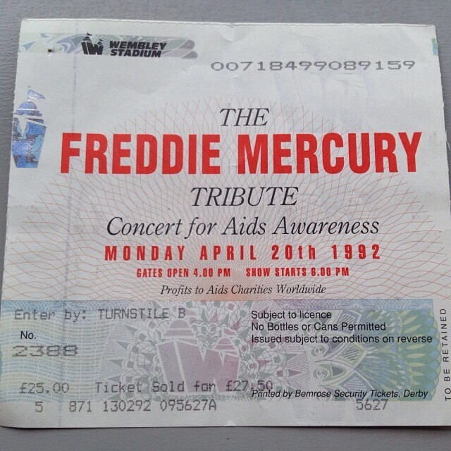 A ticket for The Freddie Mercury Tribute Concert for AIDS Awareness at Wembley Stadium on Monday, April 20th, 1992. The ticket shows a price of £25.00 and a sale price of £27.50.