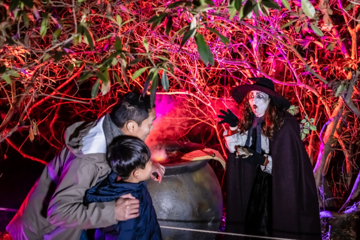 Halloween 2026 in London: a man with his arm around a child while both watch a witch   alongside her cauldron, illuminated in red at night