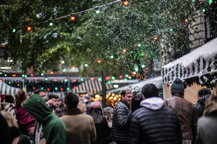 London Christmas markets and fairs 2026: shoppers walking through fake snow at a street market