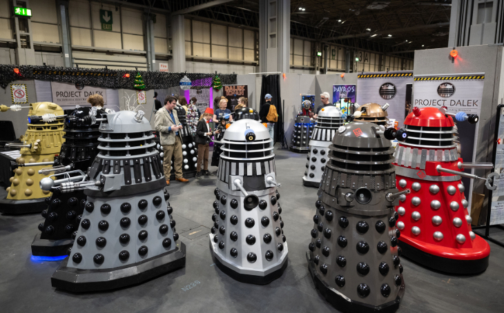 Things to do in London in October 2026: a display of several daleks of different colours at Comic Con