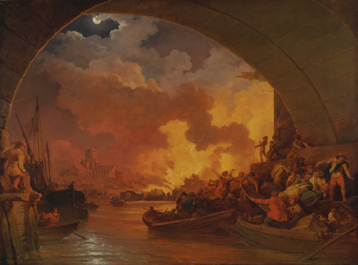A dramatic oil painting viewed from under a dark stone archway shows a city engulfed in a massive fire at night. A bright orange glow and thick smoke fill the center, illuminating a river where people flee in small wooden boats. In the background, the silhouette of a large cathedral stands against the fiery sky, while a pale moon peeks through dark clouds above. On the right, a crowd of distressed figures gathers on a stone pier, scrambling to board boats.