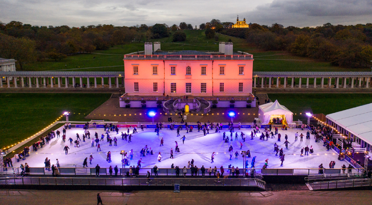 Christmas 2026 ice skating rinks London: an aerial view of the ice rink in front of Queen's House at dusk