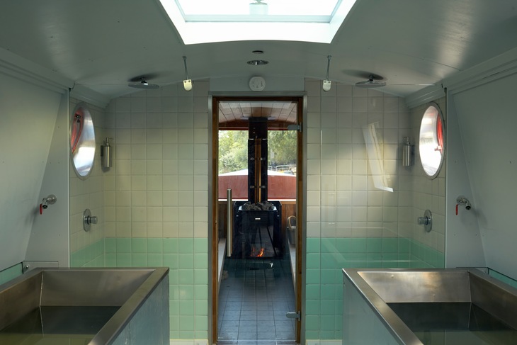 The boat interior with white a turquoise tiles