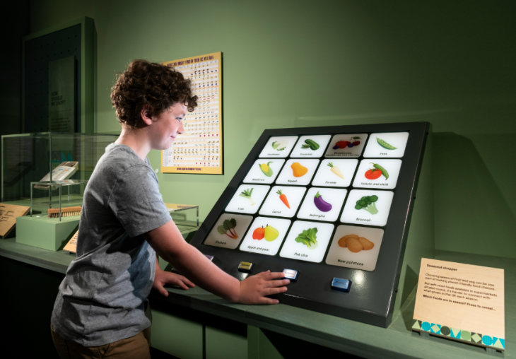 Things to do in London August bank holiday weekend 2026: a person interacting with a screen which shows pictures of different types of fruit