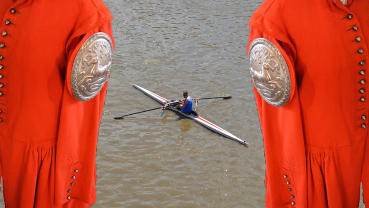 Things to do in London today: a rower photographed on the river, with two red tunics overlaid on top of the photo