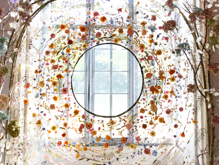 Things to do in London this weekend: a circular display of pressed flowers silhouetted against a window