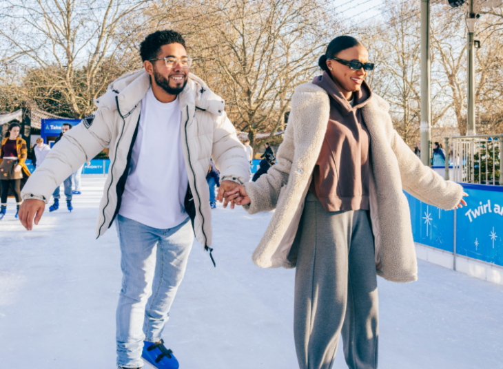 Hyde Park Winter Wonderland Christmas 2026 guide: two people holding hands and ice skating