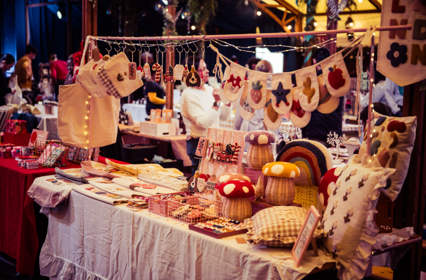 London Christmas markets and fairs 2026: crochet mushrooms, handmade bunting and other objects on display at a craft fair