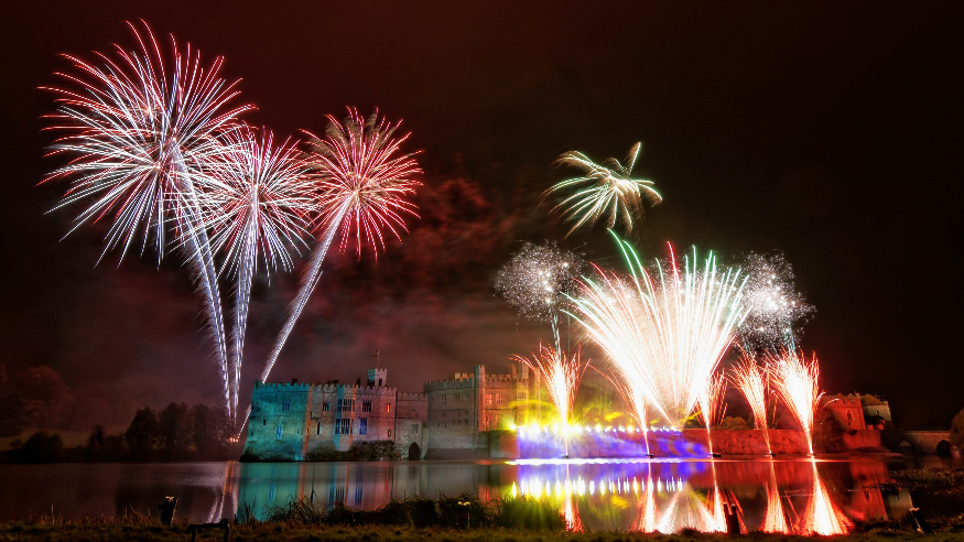Best firework displays in south-east England 2026: a photograph of fireworks over the lake at Leeds Castle