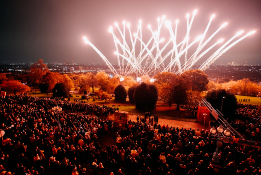 Fireworks Bonfire Night 2026 displays London: A huge crowd watching fireworks at Alexandra Palace, with the London skyline in the background