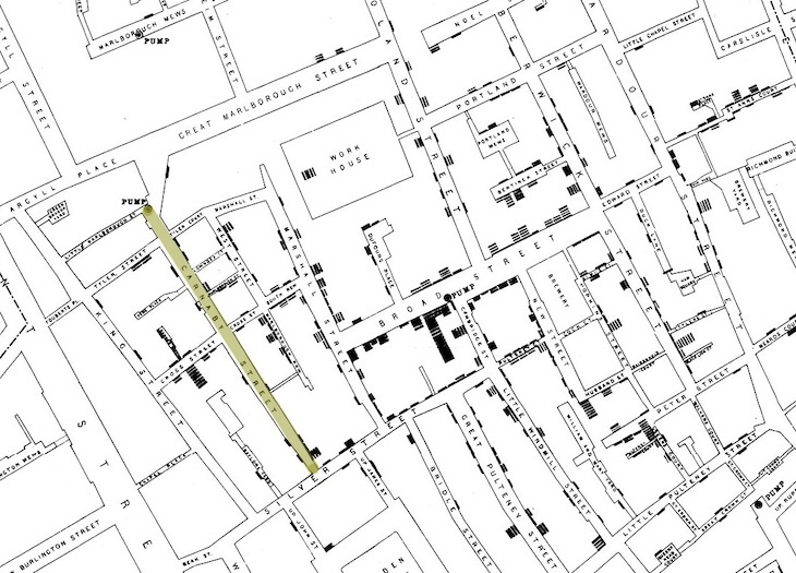 A map of cholera in 19th century soho with carnaby street shown in putrid green