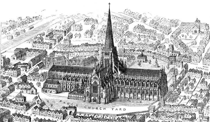 A view of Old St Paul's Cathedral with spire