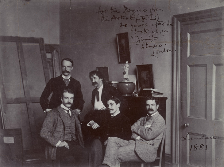 Whistler, centre, in the modest studio he moved to after he lost the White House. He is seen here with artist friends including, far right, Frank Miles, who also got Godwin to build him a studio-house in Tite Street, shared for a while with Oscar Wilde. Library of Congress, Washington DC