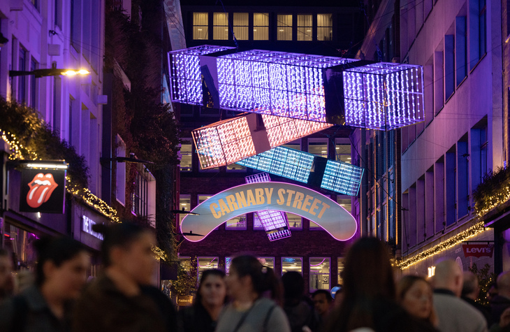Colourful boxy Christmas lights over Carnaby