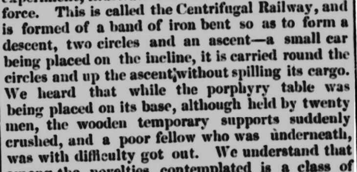 A newspaper clipping about a centrifugal railway
