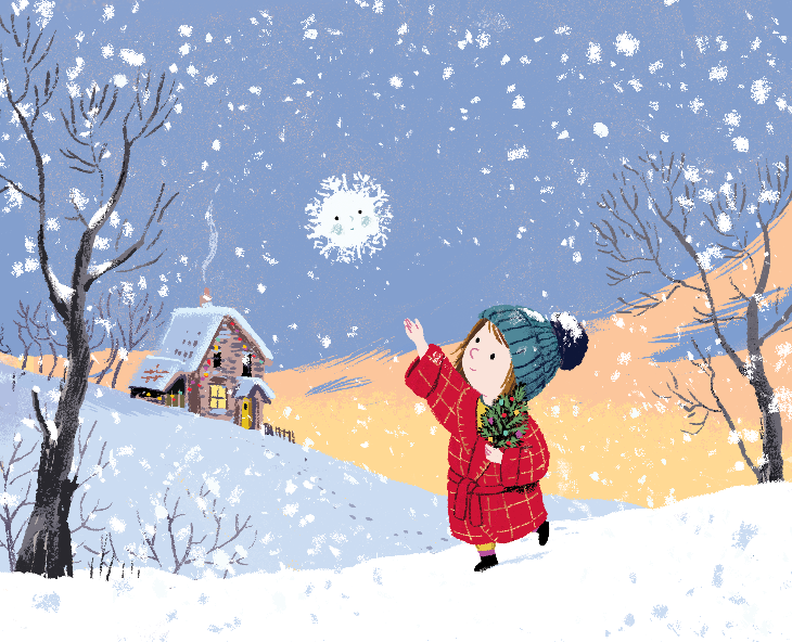 Family Christmas theatre shows 2026: an illustration of a little girl in a red coat reaching for a snowflake as it falls