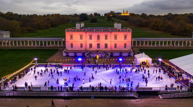 Ice skating in London for Christmas 2026: an open-air ice rink in front of Queen's House Greenwich