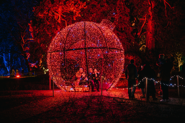 Christmas 2026 best light trails London: people sitting inside a giant red illuminated bauble surrounded by trees in the dark