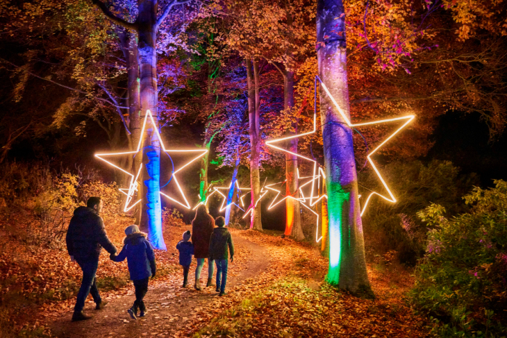 Winter light trails festivals near London Christmas 2026: a family walking through trees which have giant glowing stars on their trunks