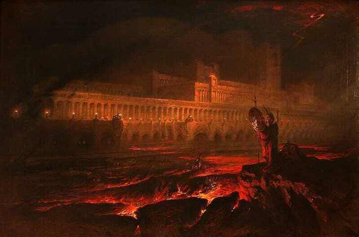 A painting of the houses of parliament with a lava lake