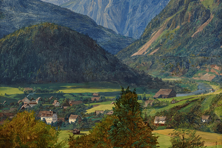 A painting of houses in a valley at the bottom of mountains