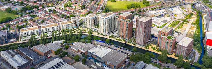 A row of newbuilds along a canal