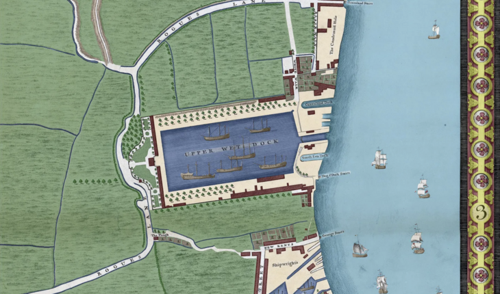A coloured map of rotherhithe in the 18th century