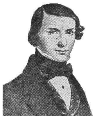 A black-and-white illustration of a young man with dark, wavy hair parted to the side, wearing a high-collared dark coat and a white cravat.