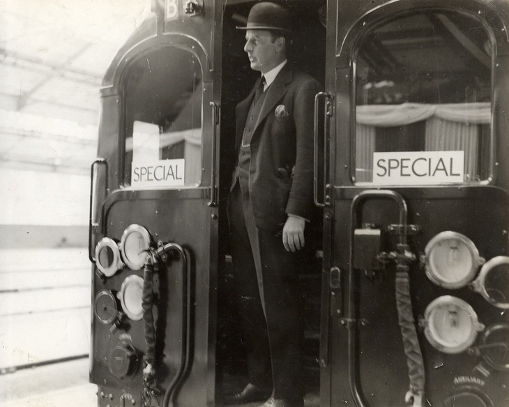 Junior Transport Secretary J T C Moore-Brabazon in the first train to arrive at Morden (c) LTM.jpg