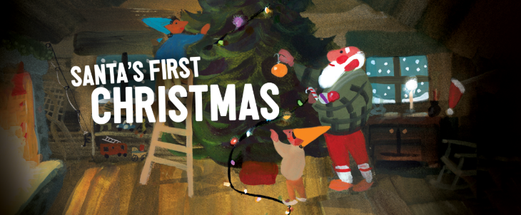 Kids theatre shows this Christmas: A poster for the show featuring an illustration of Santa hanging a bauble onto the tree