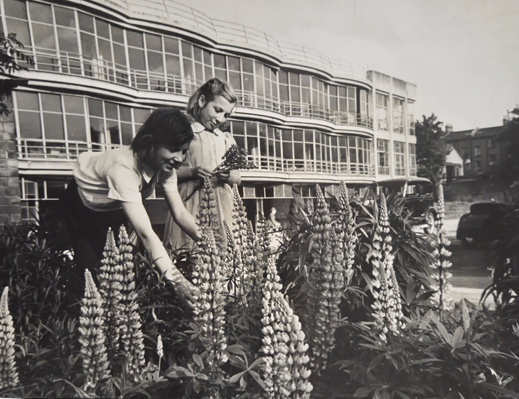 Girls picking flowers outside the front of the Centre