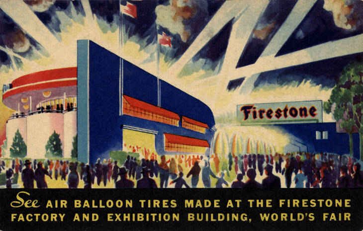 A colorful vintage postcard illustration of the Firestone Factory and Exhibition Building at a World's Fair, featuring a large blue building illuminated by searchlights against a night sky, with a crowd of people in the foreground and text reading 