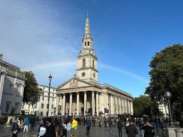 St Martin-in-the-Fields church in Trafalgar Square, with rainbow
